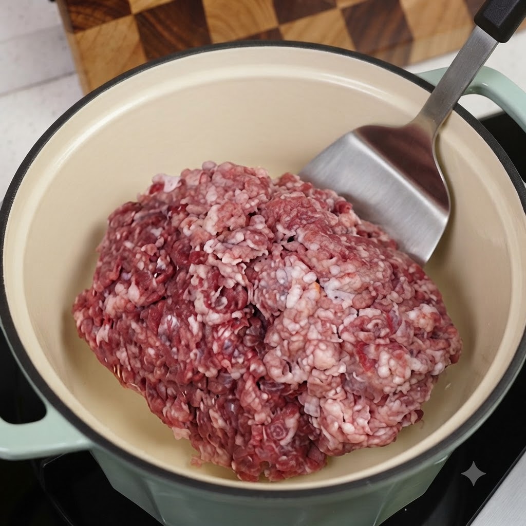 Carne macinata fatta saltare in una pentola in ghisa verde chiaro usando una spatola di metallo.