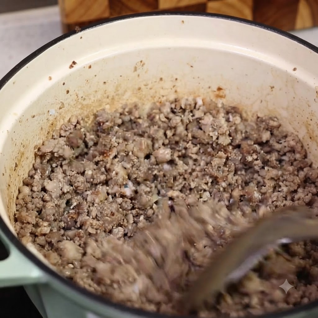 Carne macinata cotta prelevata da una pentola con una spatola, lasciando olio sul fondo e residui dorati.