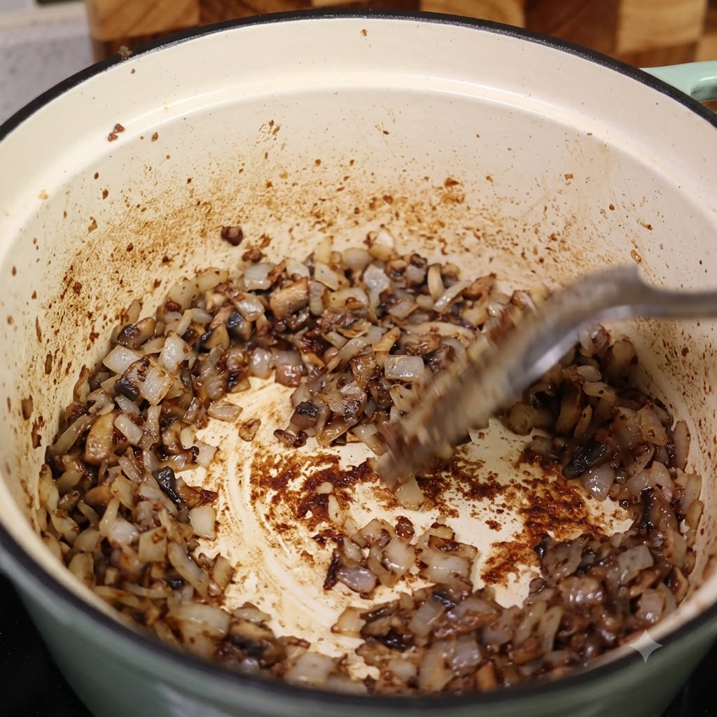 Cipolle tritate e aromi che soffriggono sul fondo di una pentola con fondo caramellato.