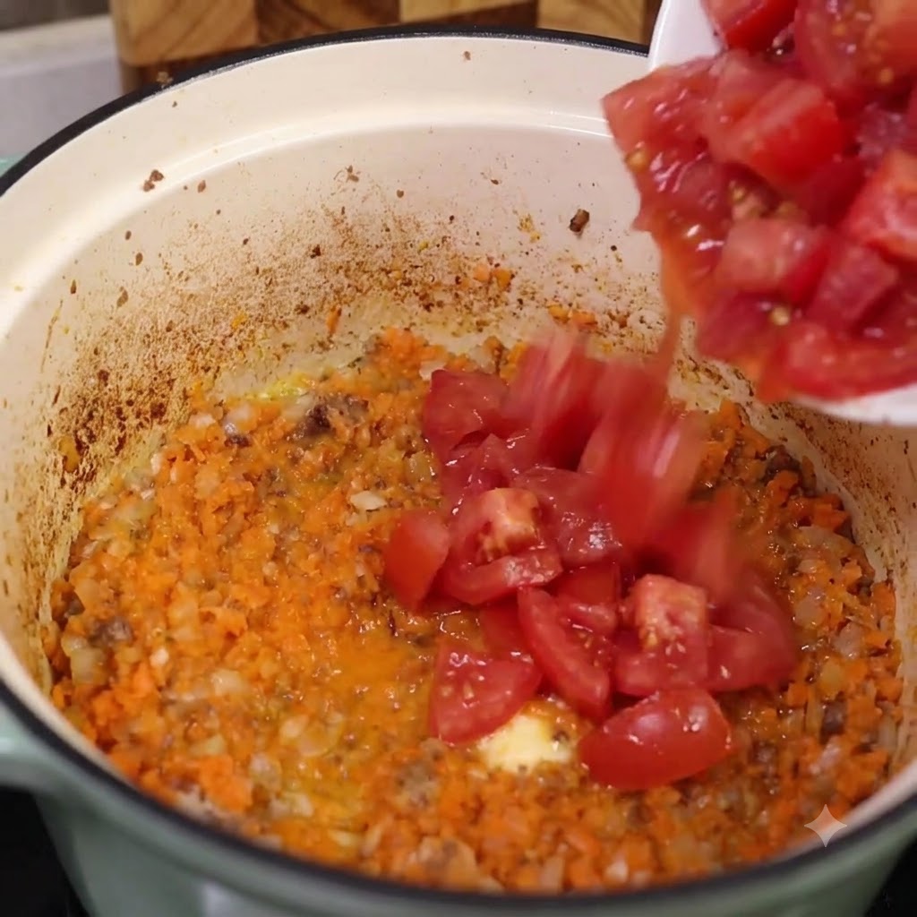 Pomodori freschi a pezzi e concentrato di pomodoro versati in una pentola contenente carote e cipolle soffritte.