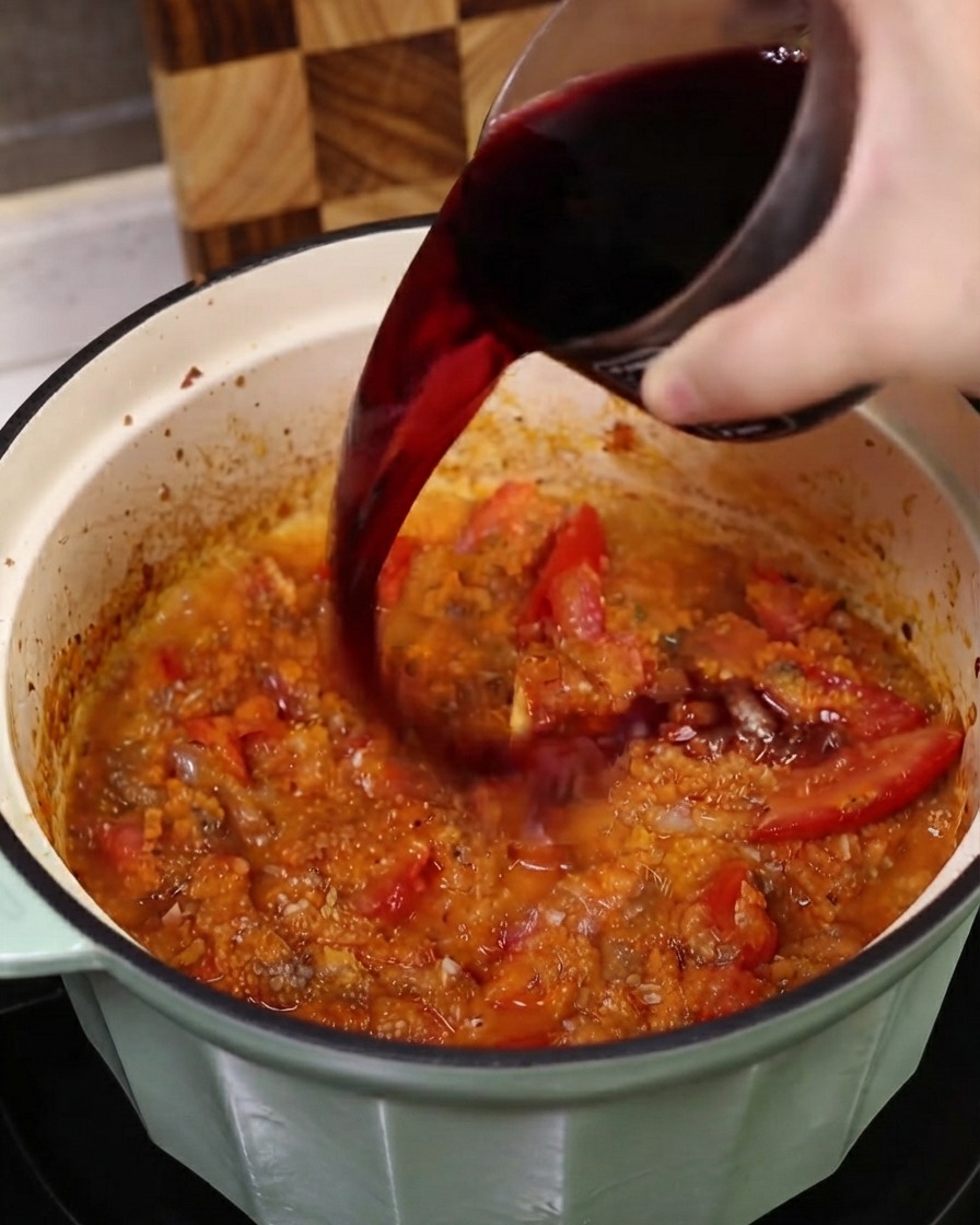 Vino rosso secco versato da un contenitore di vetro in una pentola piena di una vivace miscela di pomodoro e verdure.