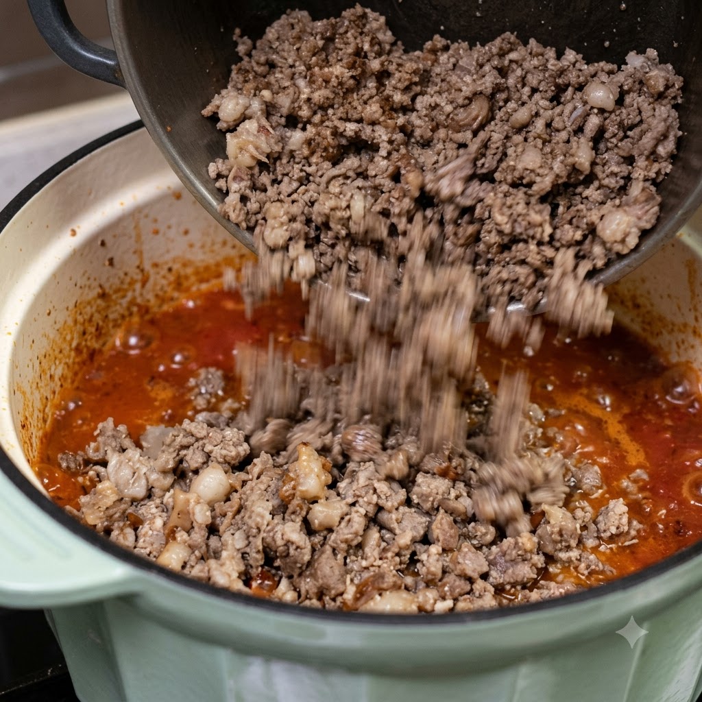 Carne macinata cotta trasferita da una padella scura separata nella salsa rossa in ebollizione.