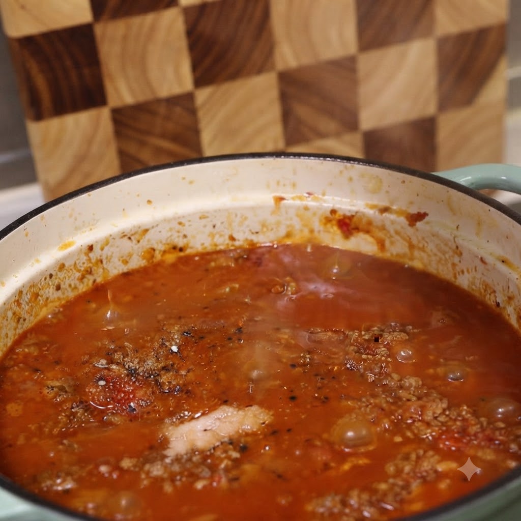 Una vista ravvicinata della salsa di carne che bolle nella pentola, cosparsa di pepe nero e condimenti.