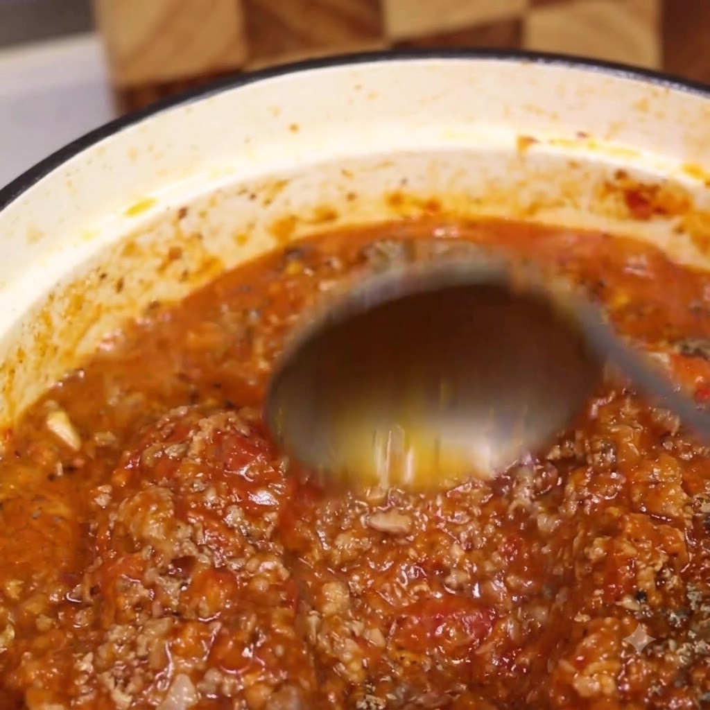 Un mettolino che mescola un denso e ricco ragù di carne bolognese che bolle in una pentola in ghisa chiara.