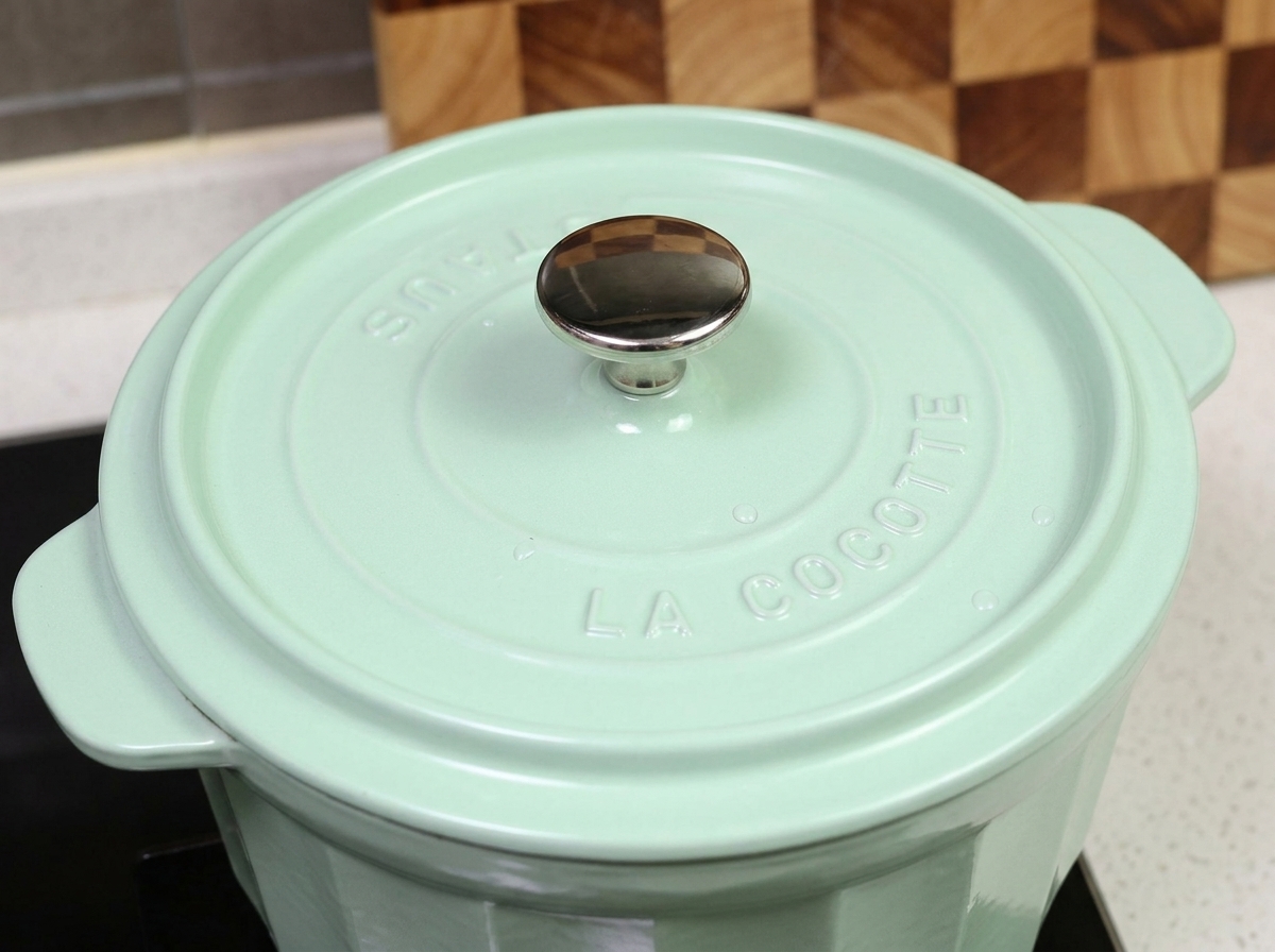 Una pentola in ghisa coperta di colore verde chiaro posta allinterno del forno per la cottura.