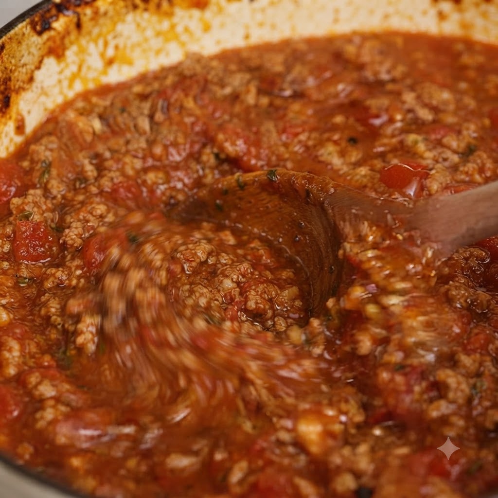 Un cucchiaio di legno che mescola un denso e ricco ragù bolognese allinterno di una pentola da forno.