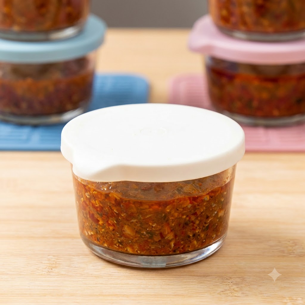 Porzioni di ragù bolognese confezionate in piccoli contenitori di vetro con coperchi sigillati, pronte per il congelamento.