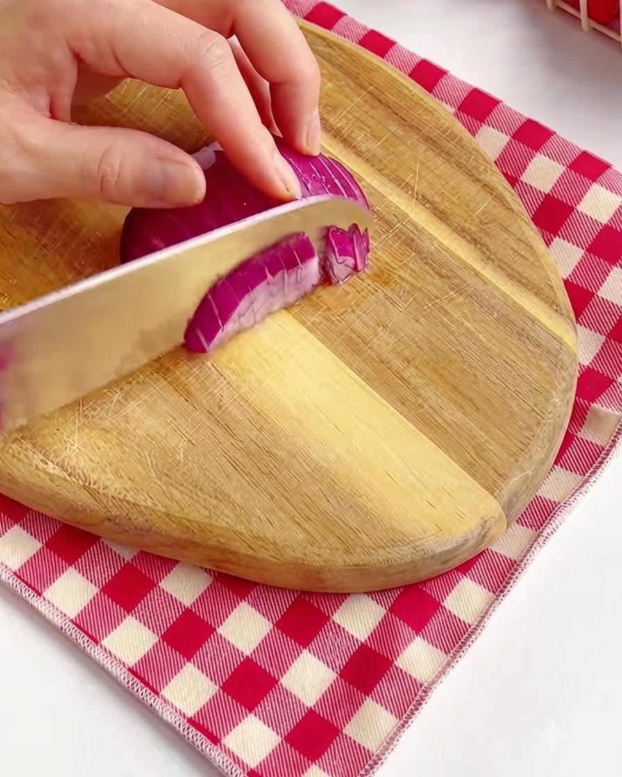 Mani che usano un coltello affilato per tritare una cipolla rossa viola su un tagliere di legno.