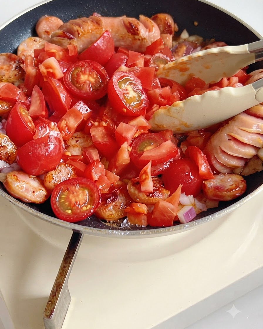 Pomodorini tritati mescolati nella padella contenente salsicce e cipolle.