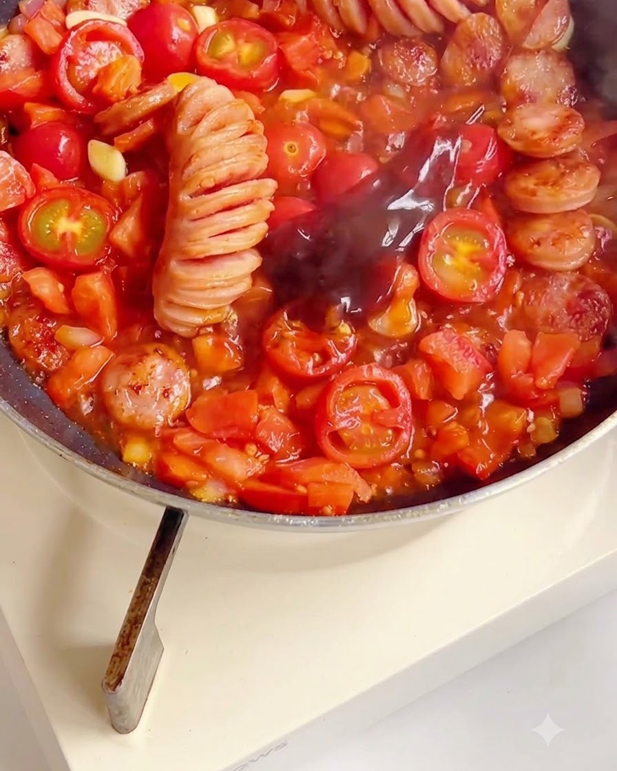 Condimento liquido scuro versato in una miscela di pomodori tritati e salsicce in ebollizione.