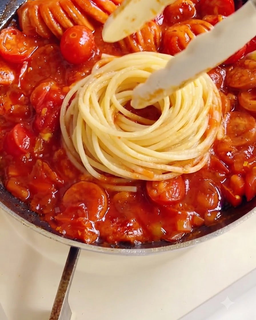 Un nido pulito di spaghetti bolliti posto nella padella sopra la densa salsa di pomodoro.