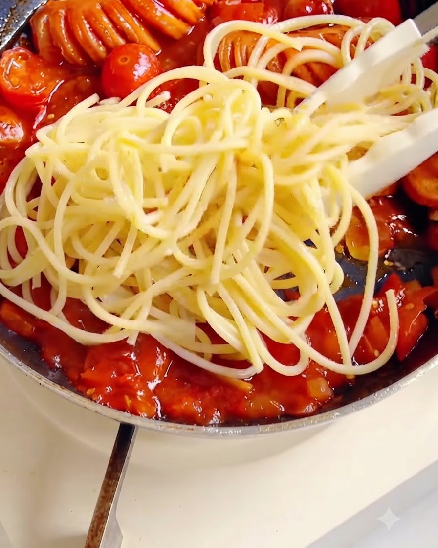Spaghetti saltati con le pinze per rivestirli accuratamente di densa salsa di pomodoro allinterno della padella.