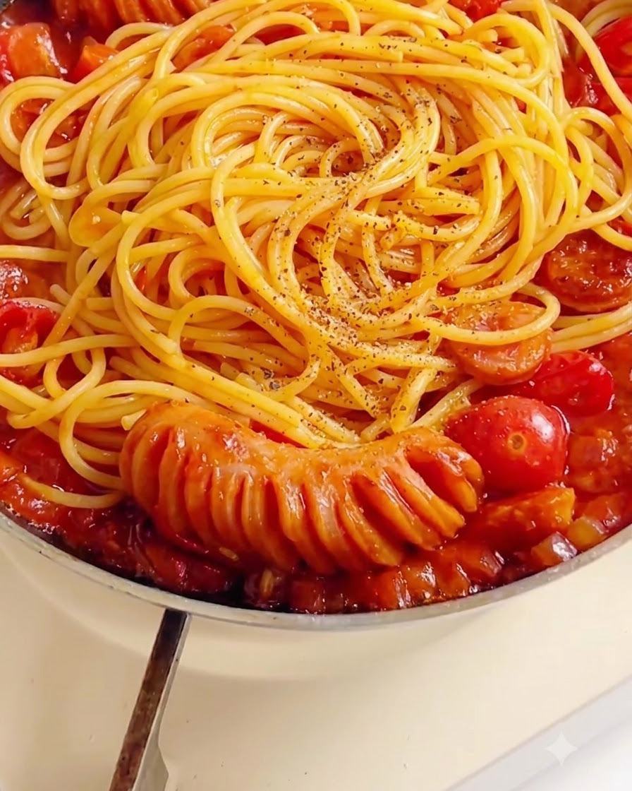 Pepe nero macinato ed erbe essiccate che cadono su una padella di spaghetti ricoperti di salsa di pomodoro rossa.