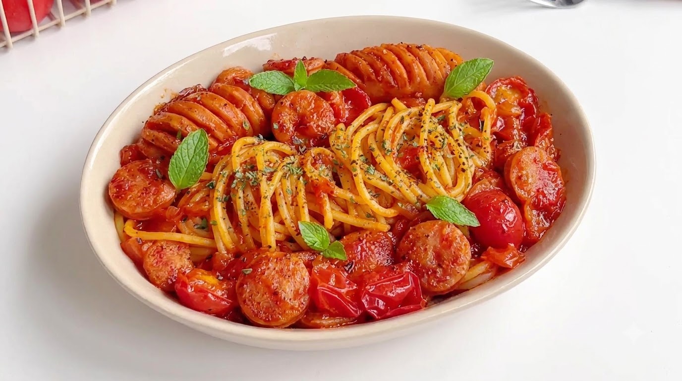 Una confortante ciotola di pasta con salsiccia e pomodorini guarnita con menta fresca e pepe nero macinato.
