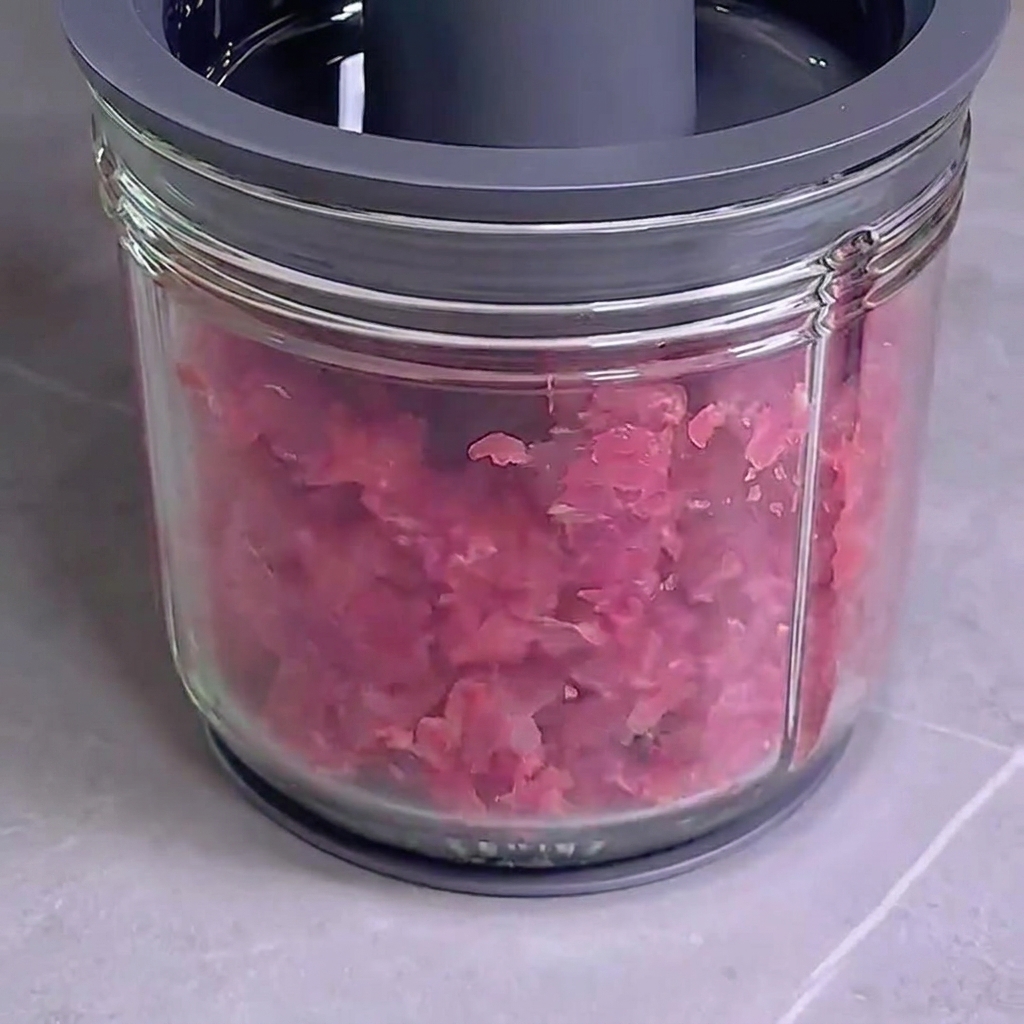 Pezzi di carne rossa cruda macinati grossolanamente in un robot da cucina in vetro.