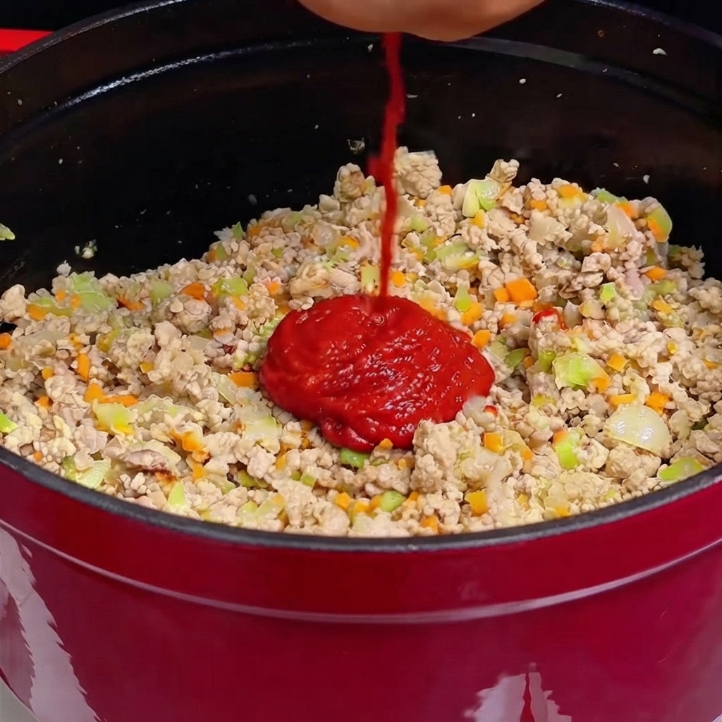Un flusso di liquido versato su un denso mucchio di concentrato di pomodoro rosso poggiato sopra carne macinata cotta e verdure.