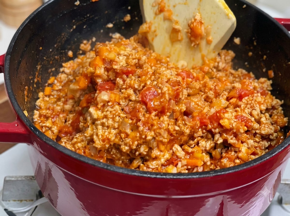 Una spatola che mescola la carne combinata, le verdure e la miscela di pomodoro allinterno di una pentola rossa.