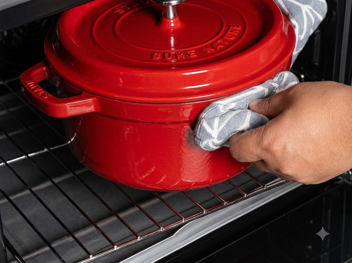 Un paio di presine da forno che tengono i manici di una pentola di ghisa rossa coperta mentre viene inserita su una griglia del forno.