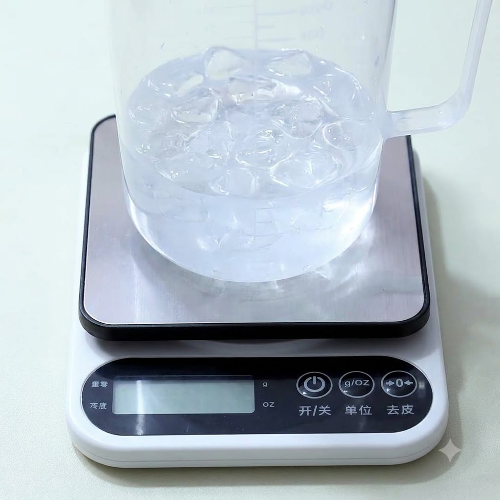 Una brocca di misurazione in plastica trasparente piena di acqua e cubetti di ghiaccio posta su una bilancia da cucina digitale bianca.