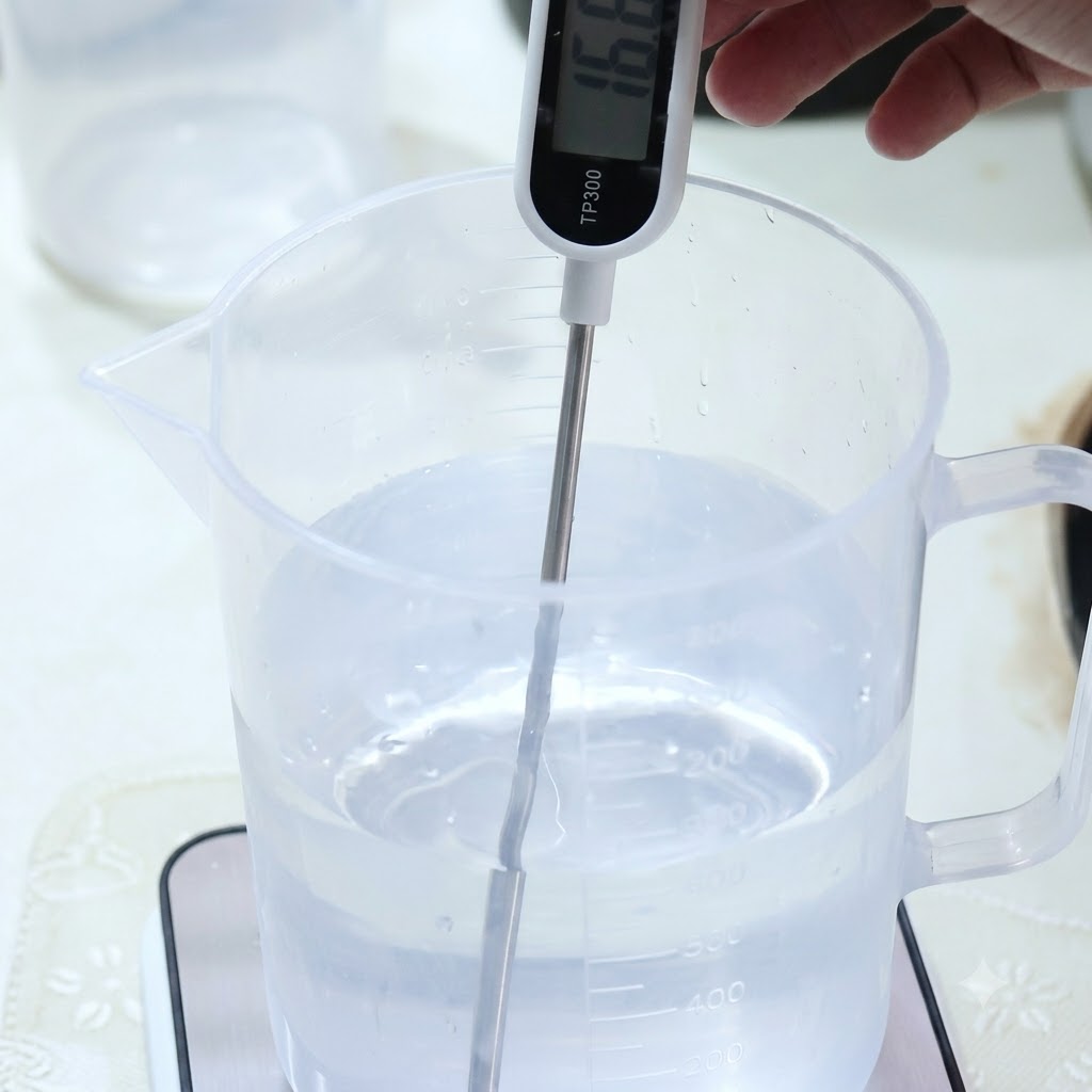 Una mano che tiene un termometro digitale allinterno di una brocca di acqua ghiacciata, con il display che segna 16,6 gradi Celsius.