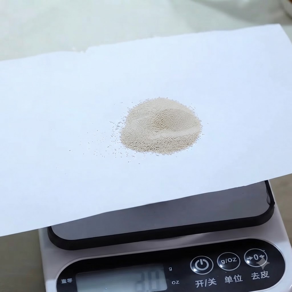 Un piccolo mucchietto di lievito secco posizionato su un pezzo di carta bianca su una bilancia digitale che segna 2,0 grammi.