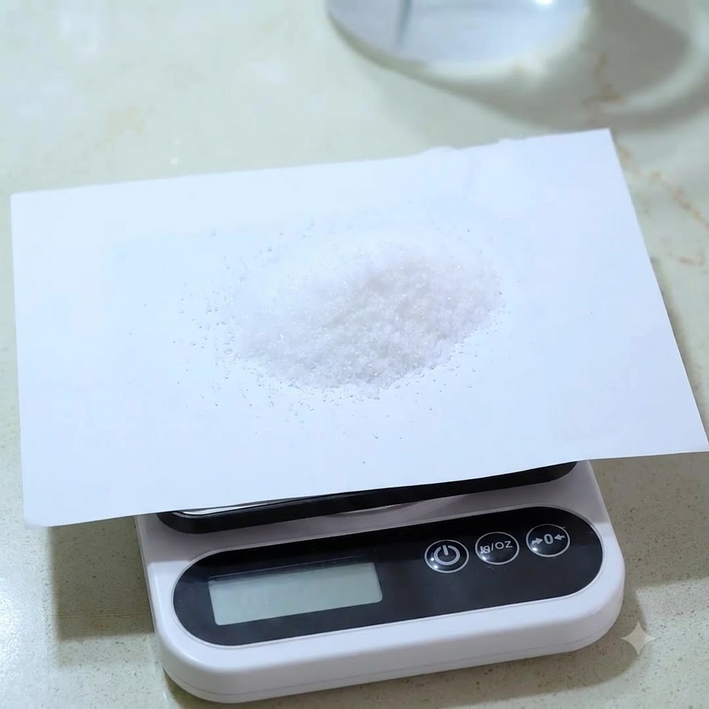 Un piccolo mucchio di sale bianco fine posizionato su un pezzo di carta poggiato su una bilancia da cucina digitale.