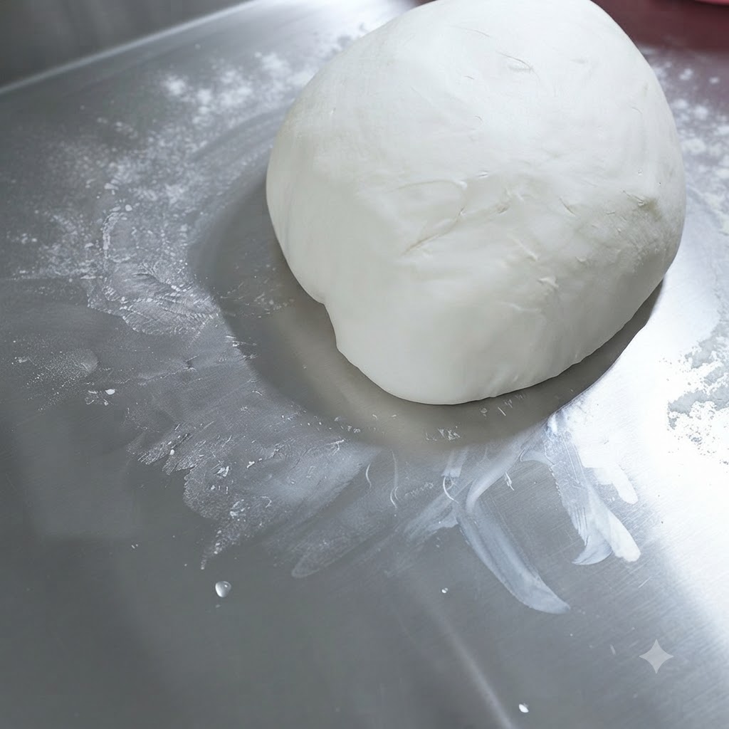 Una palla liscia di impasto per pizza adagiata su una superficie dacciaio con un leggero velo di olio doliva.