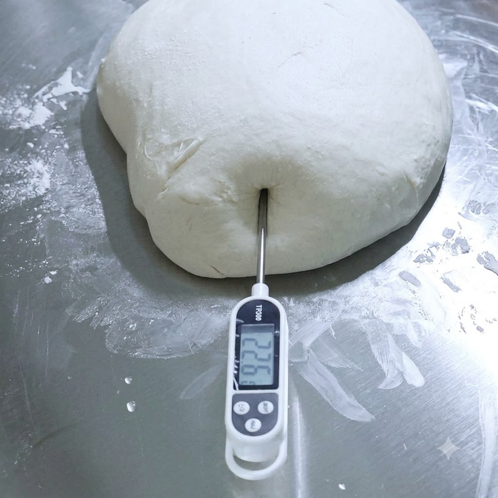Un termometro digitale per alimenti inserito in un grande mucchio di impasto per pizza bianco su una superficie metallica.