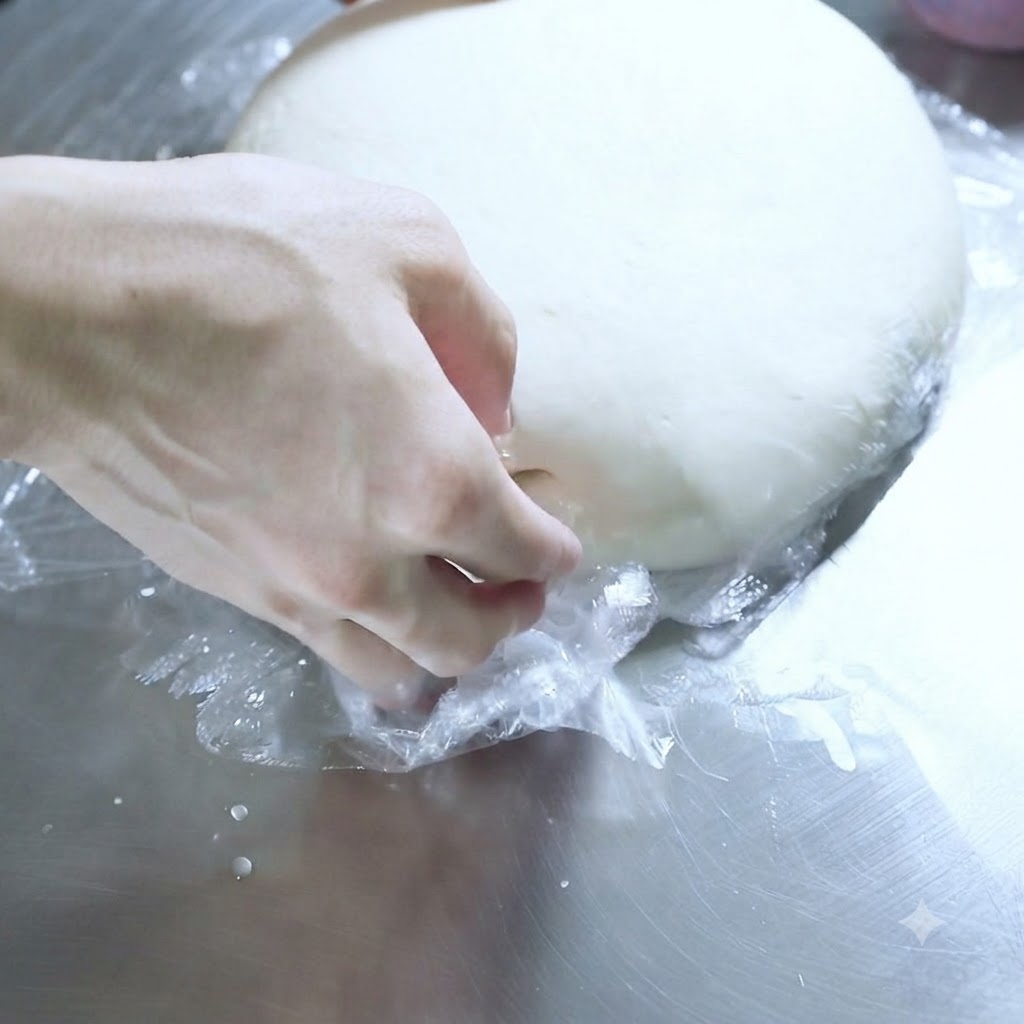 Un paio di mani che avvolgono saldamente una forma liscia di pasta bianca con pellicola trasparente su un tavolo dacciaio.