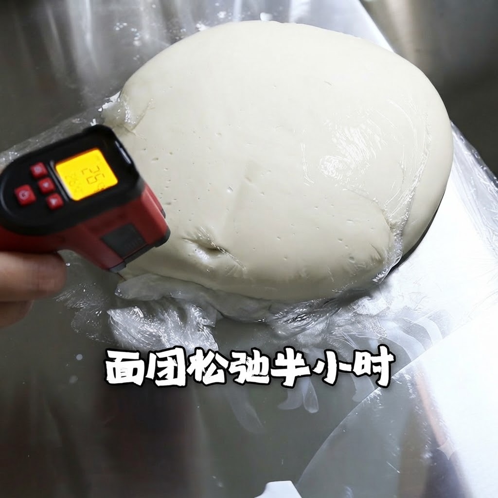 Un termometro a infrarossi puntato verso un mucchio coperto di impasto per pizza in riposo con sovrapposizione di testo cinese.