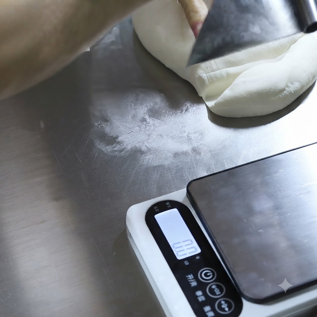 Un tarocco da banco che taglia un grande pezzo di pasta bianca accanto a una bilancia da cucina digitale su un banco di metallo.
