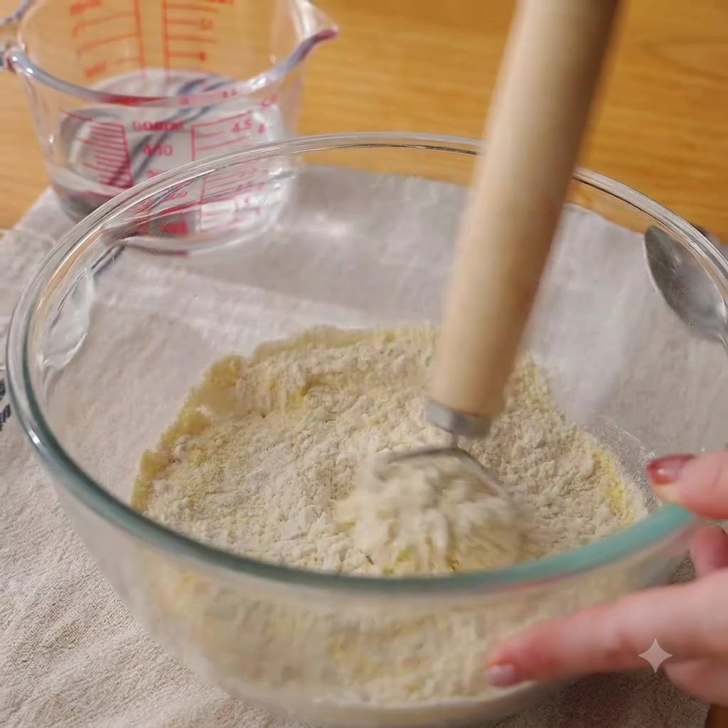 Una frusta che mescola farina e altri ingredienti secchi allinterno di una ciotola di vetro trasparente.