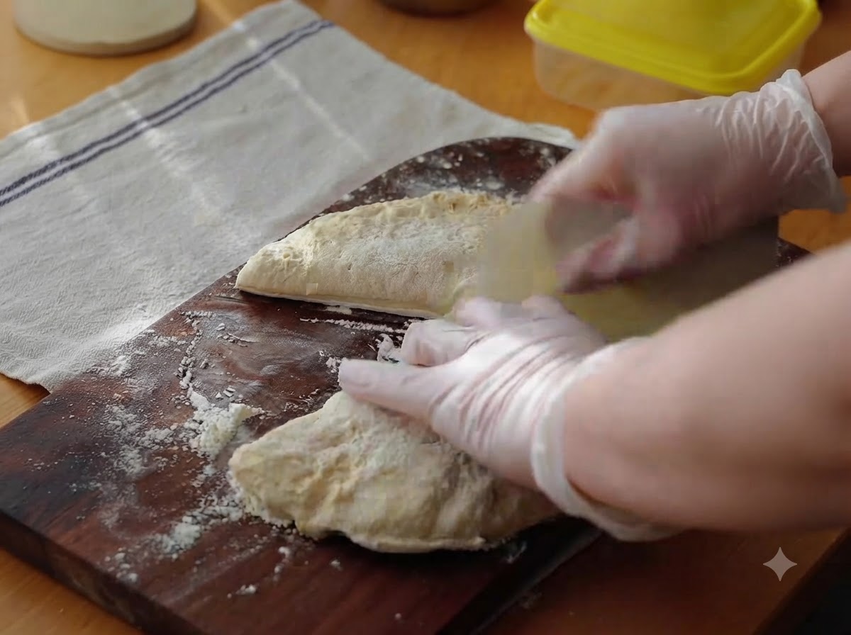 Mani con guanti che modellano e piegano una porzione di impasto per pizza su un tagliere di legno infarinato.