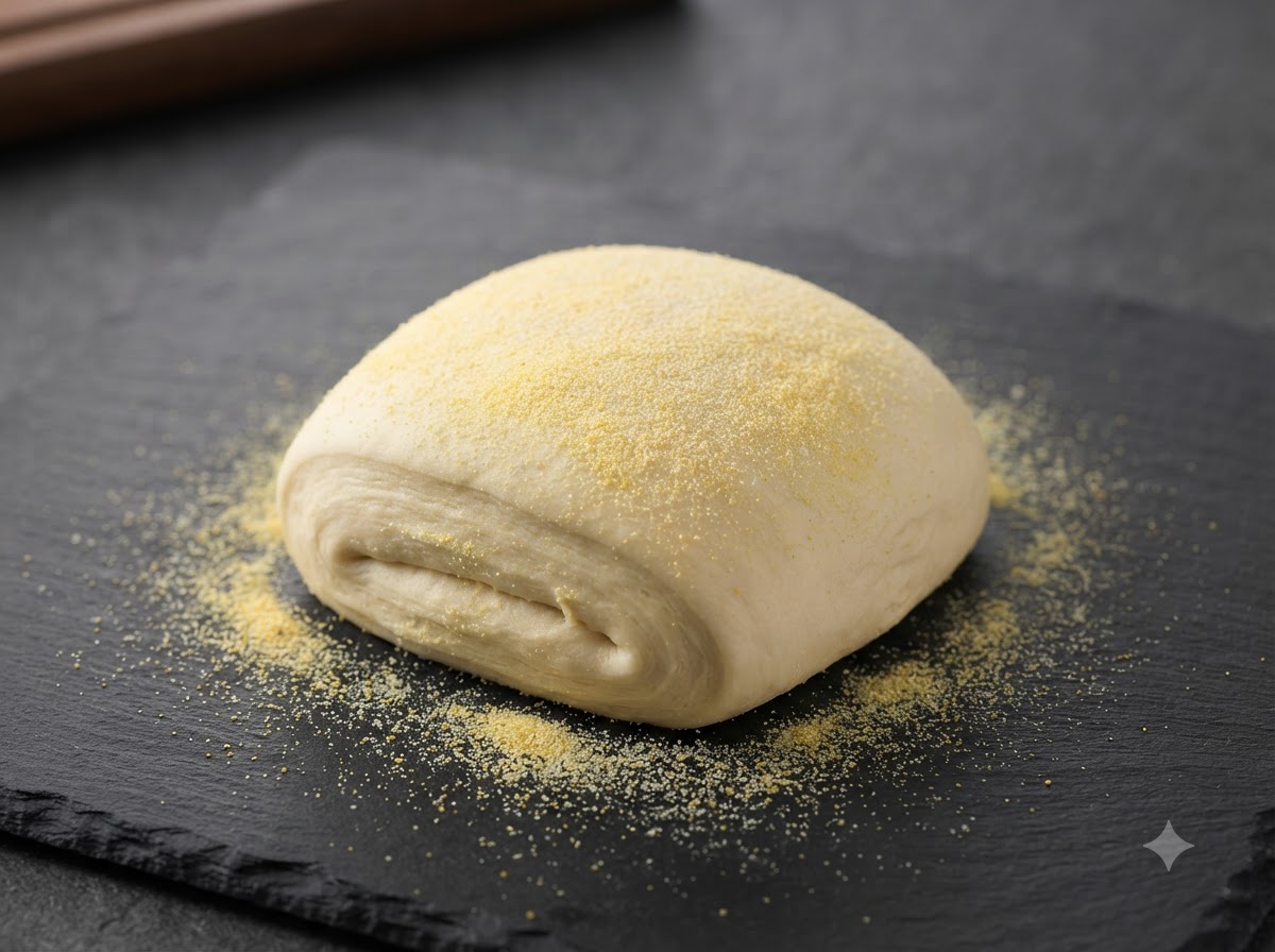 Una pallina di impasto per pizza adagiata su un letto di farina di semola gialla su una tavola di ardesia scura.