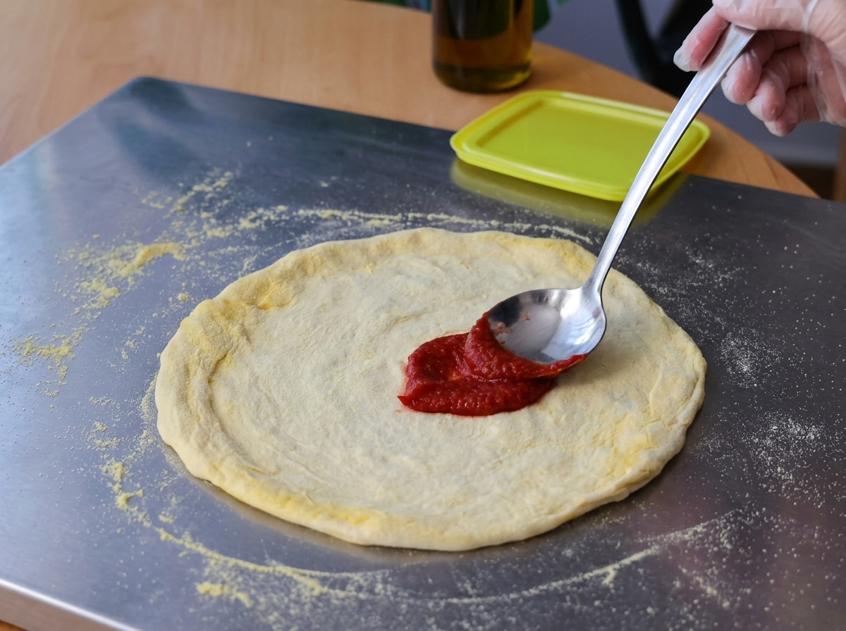 Una mano guantata che usa un cucchiaio di metallo per spalmare uniformemente il concentrato di pomodoro rosso vivo su una base di pizza cruda stesa su una superficie di metallo.