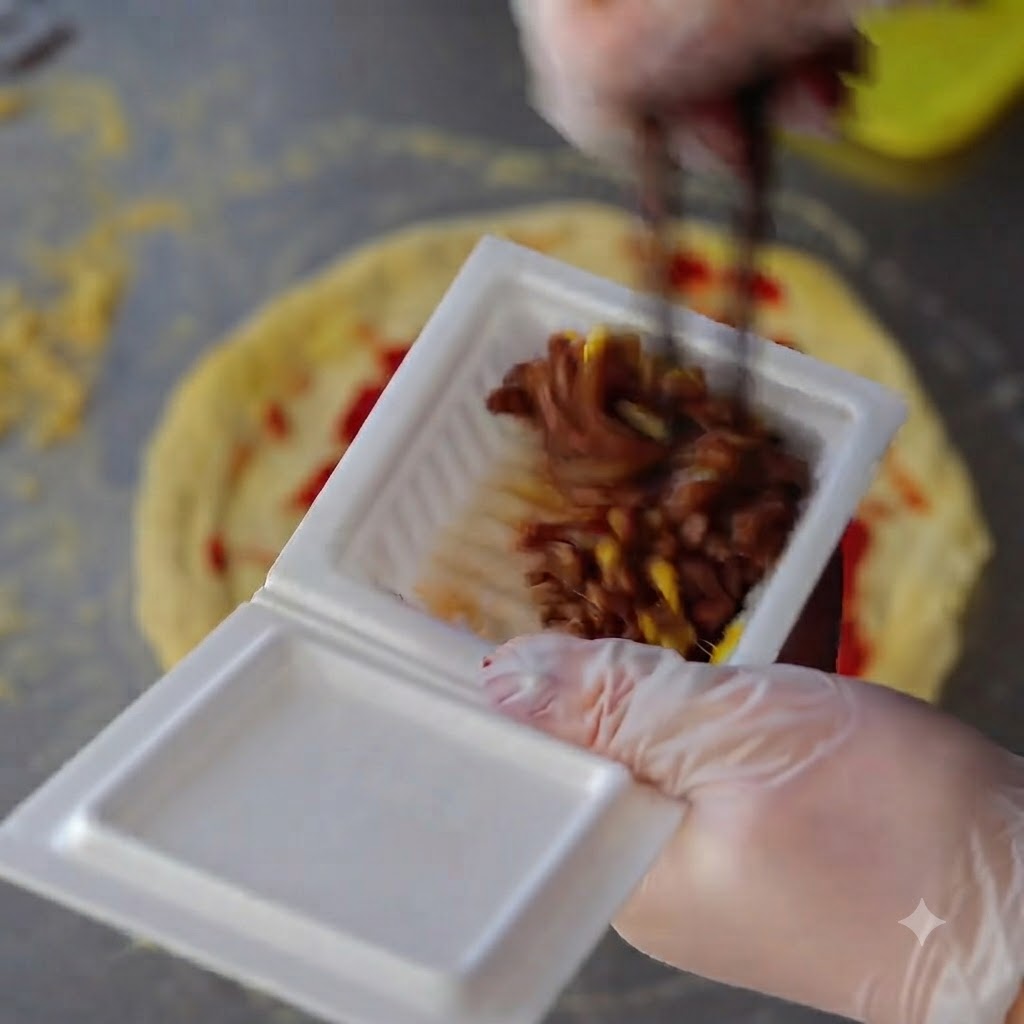 Una vista ravvicinata di fagioli di natto mescolati con salsa di soia e senape allinterno di un contenitore di polistirolo usando le bacchette.