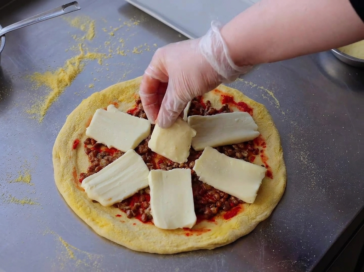 Disposizione di fette spesse e rettangolari di formaggio mozzarella sopra lo strato di natto.