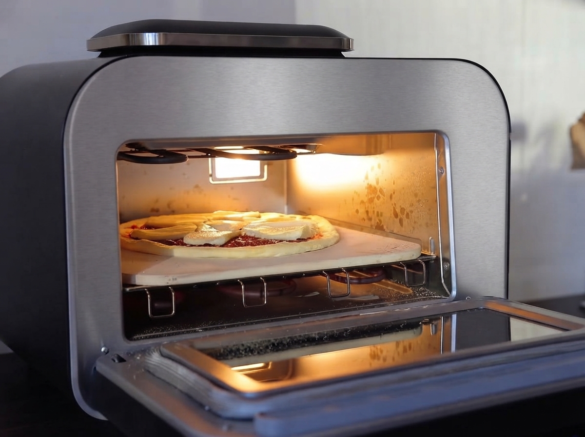 Una pizza assemblata che viene trasferita da una pala alla pietra refrattaria calda allinterno di un forno per pizza elettrico da bancone.