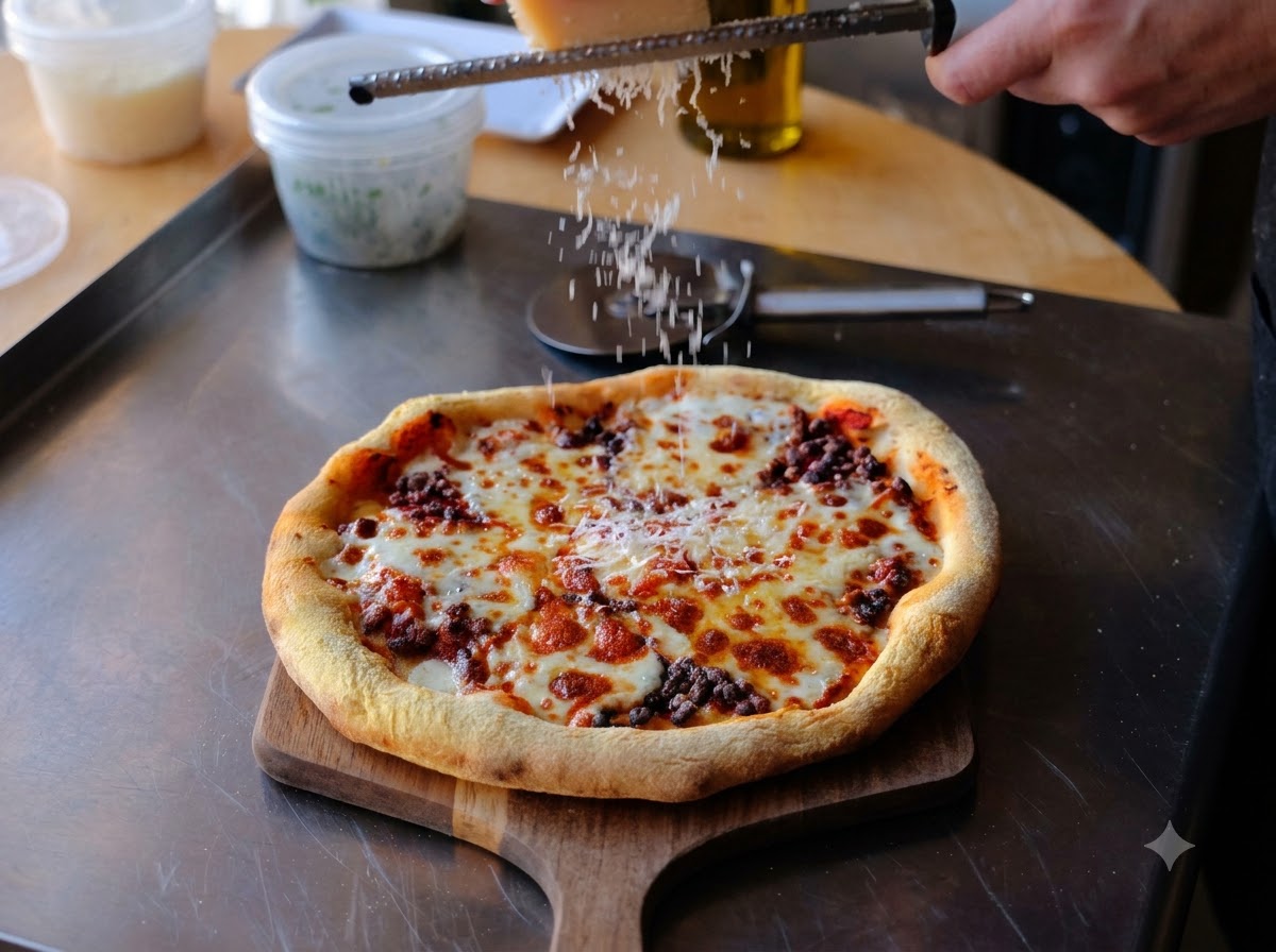 Formaggio parmigiano fresco grattugiato da un blocco sopra una pizza calda appena sfornata su una pala di legno.