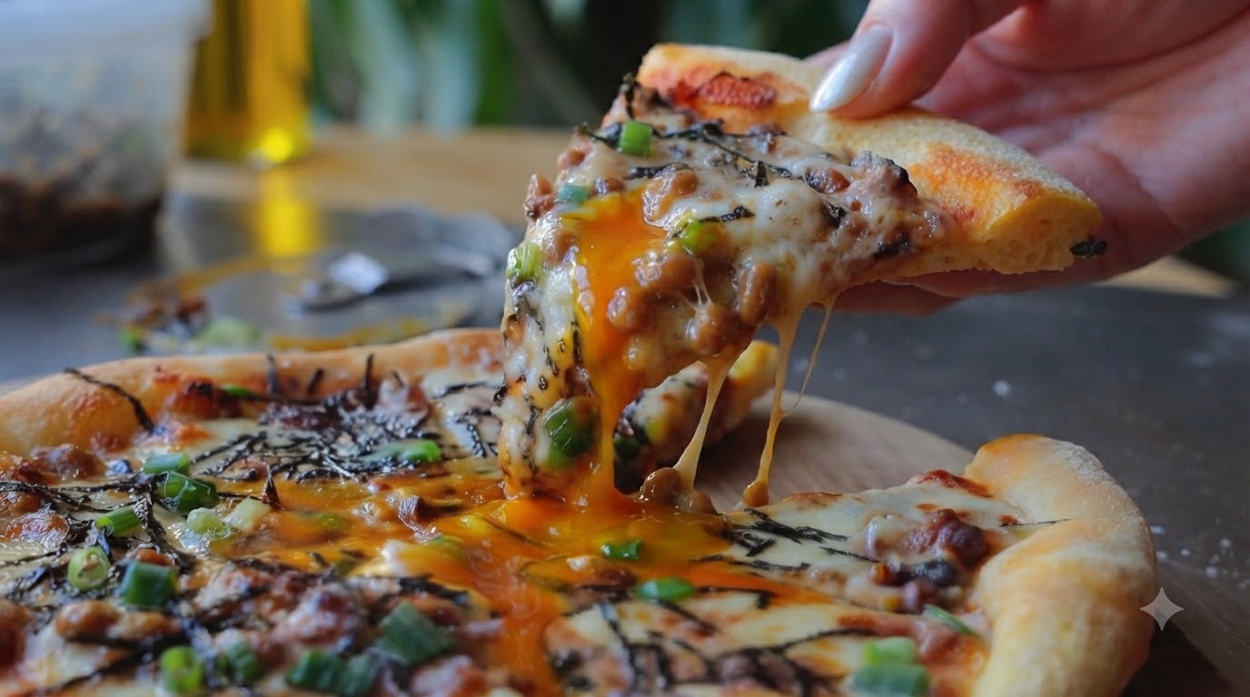 Una fetta di pizza al natto appena sfornata sollevata con fili di formaggio filante e un tuorlo duovo liquido che cola.