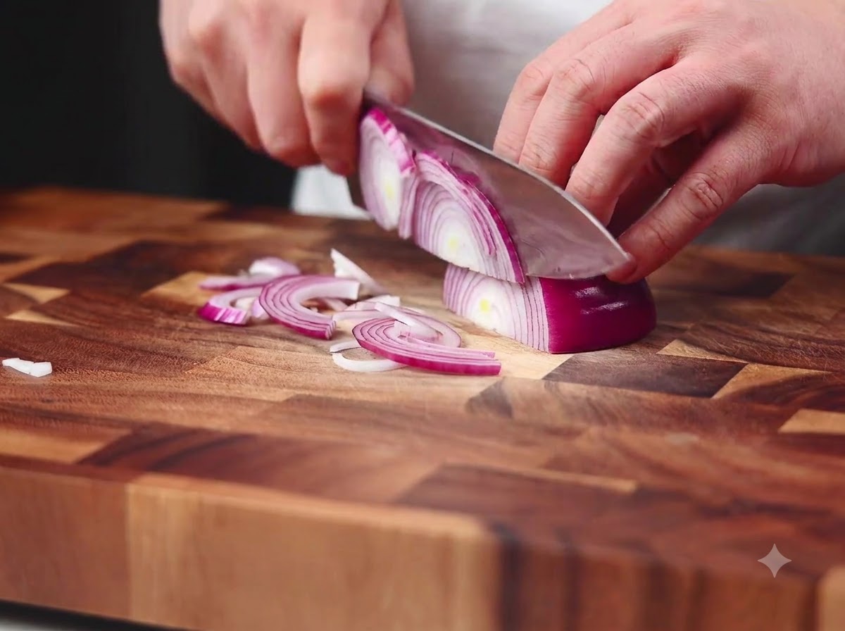 Un coltello da chef affetta una cipolla rossa a mezzaluna su un tagliere di legno.