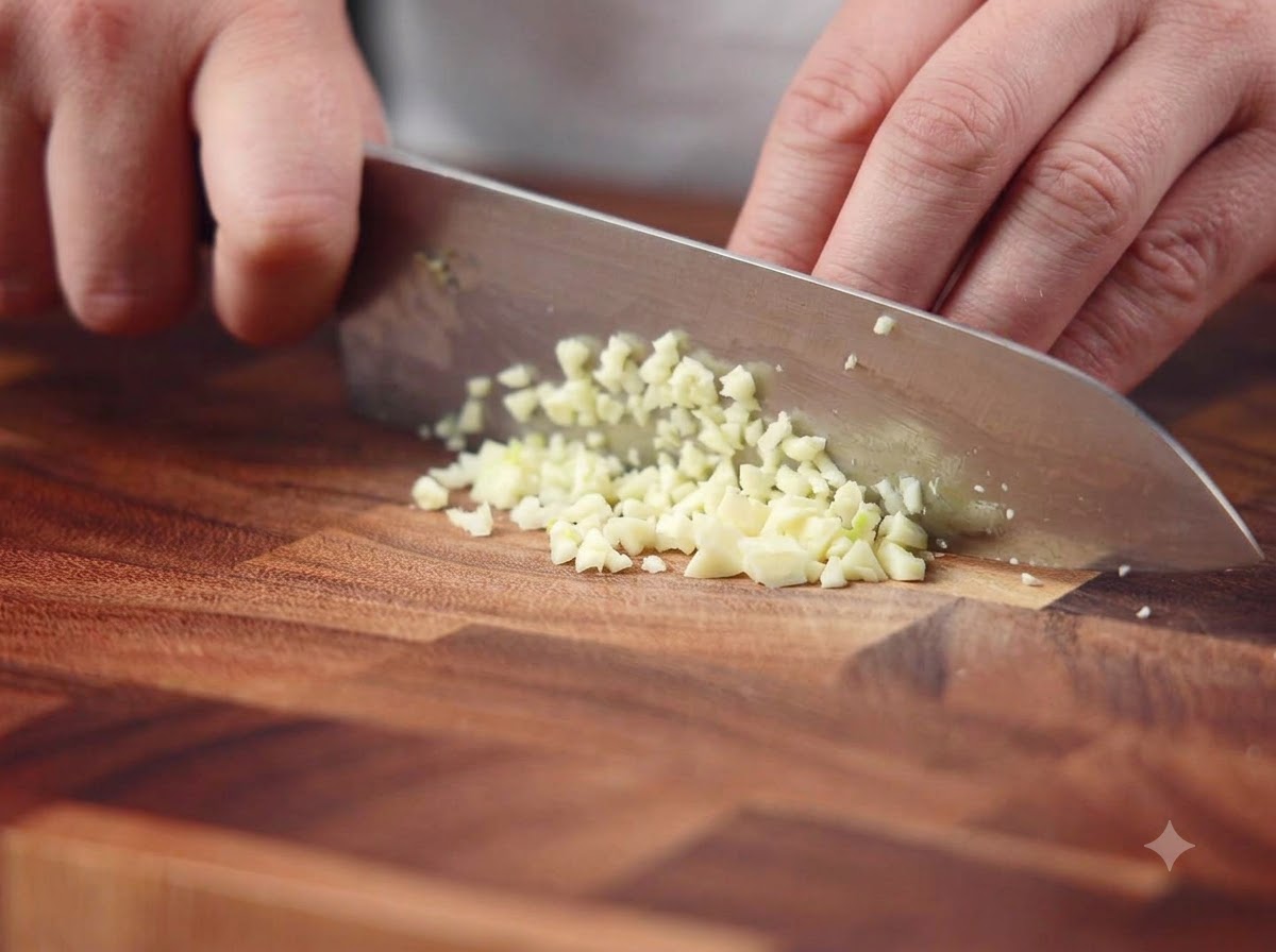 Spicchi daglio tritati finemente con un coltello da chef su un tagliere.