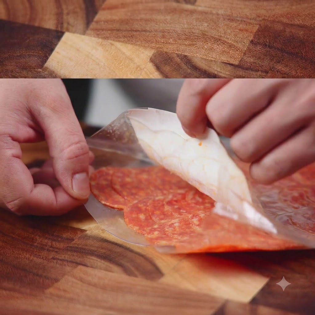 Mani che aprono una confezione di plastica di salame a fette su una superficie di legno.