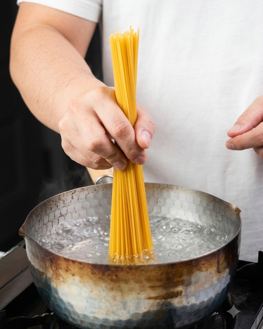 Spaghetti secchi calati in una pentola di acqua bollente.
