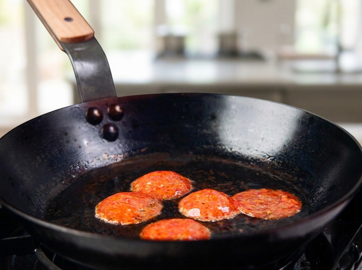 Fette di salame che sfrigolano nellolio doliva in una padella nera.