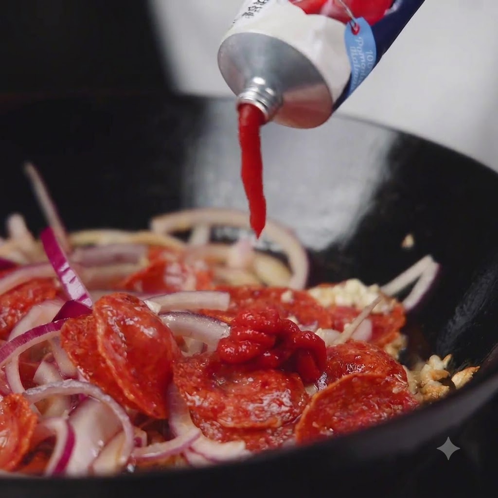 Concentrato di pomodoro rosso spremuto da un tubetto nella padella.
