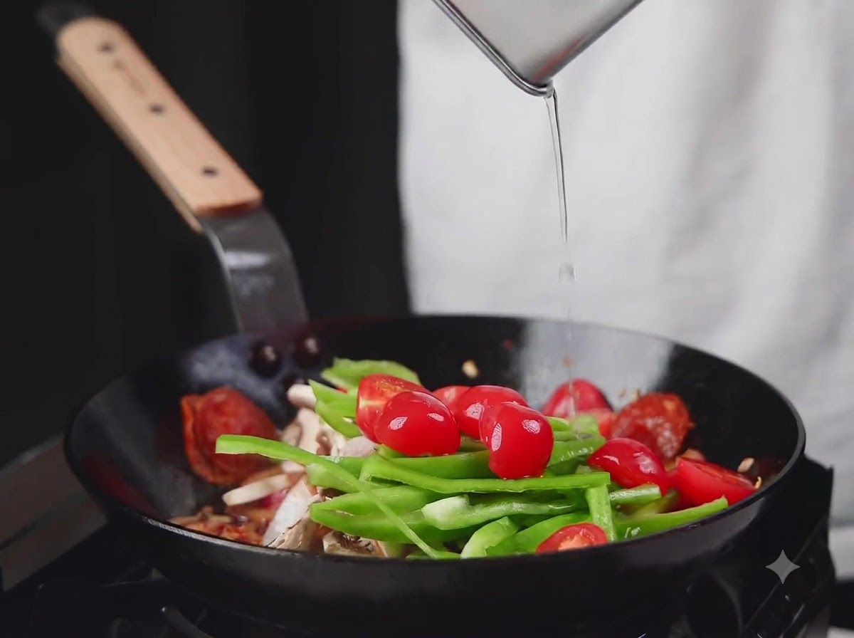 Peperoni verdi, pomodorini e funghi aggiunti alla padella.