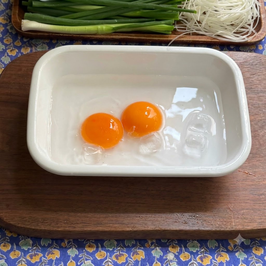 Due tuorli duovo crudi che galleggiano in acqua ghiacciata dentro un vassoio di ceramica bianca su una superficie di legno.