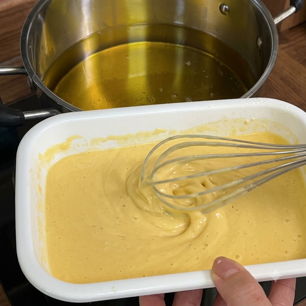 Una frusta che fa gocciolare la pastella gialla in una pentola profonda piena di olio bollente.