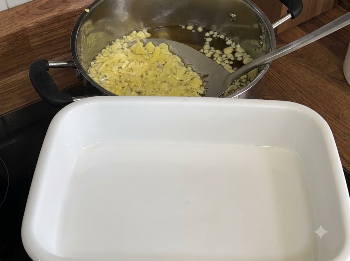 Una schiumarola che raccoglie fiocchi di tempura fritti giallo chiaro da una pentola dolio in un vassoio bianco.